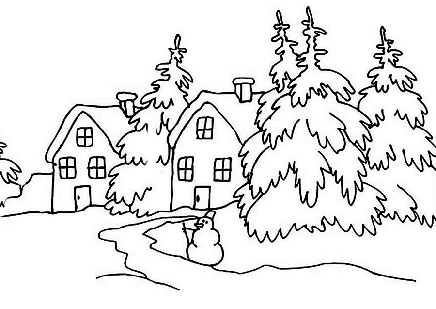 Árvores e casas na neve